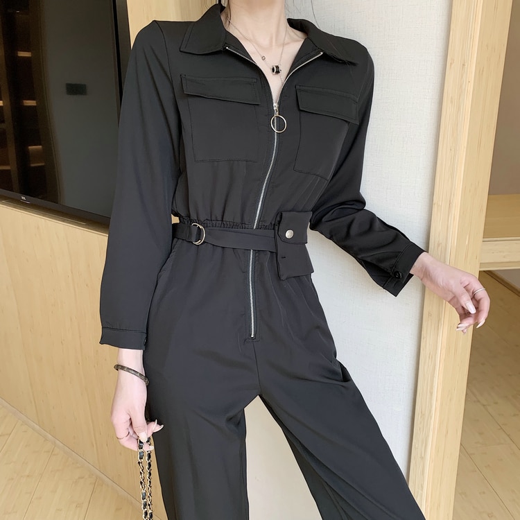 Dame jumpsuit romper langærmet safari stil sort vinter efterår jumpsuit kvindelige streetwear overalls med bælte  wj50
