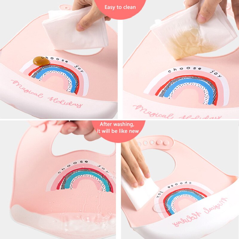 Karikatur Regenbogen Wasserdichte Silikon Baby Lätzchen Mit Tasche Weiche Kleinkind Baby Fütterung Sachen Einstellbare Lätzchen