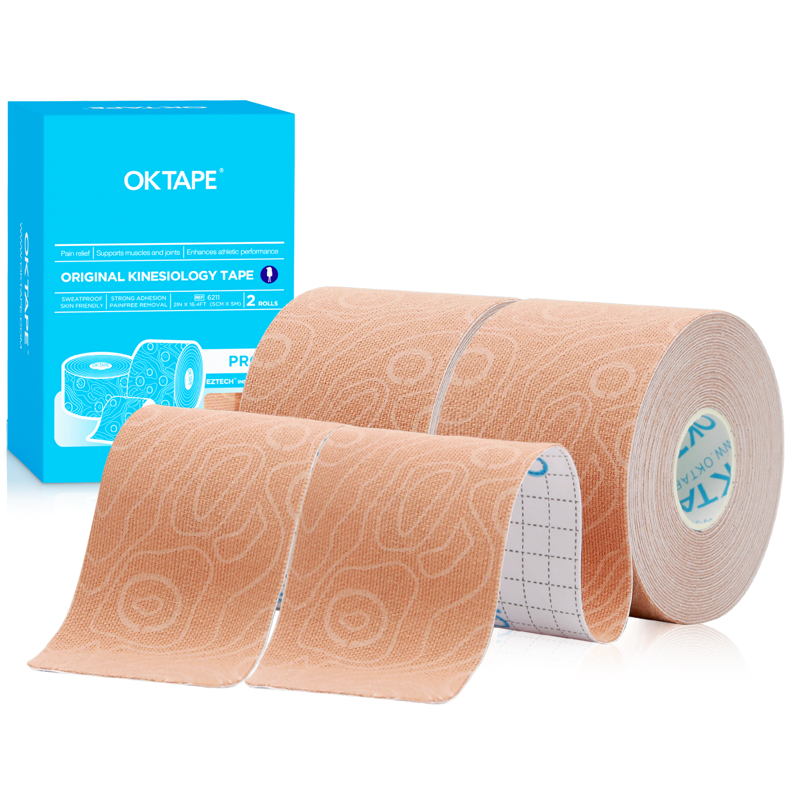 2 Rollen OK Band Profi Kinesiologie-Band, neue Verpackung, 5 cm x 16 Fuß, frei geschnittenes Klebeband, aktualisiertes elastisches Sportband, therapeutisches latexfrei: Gold