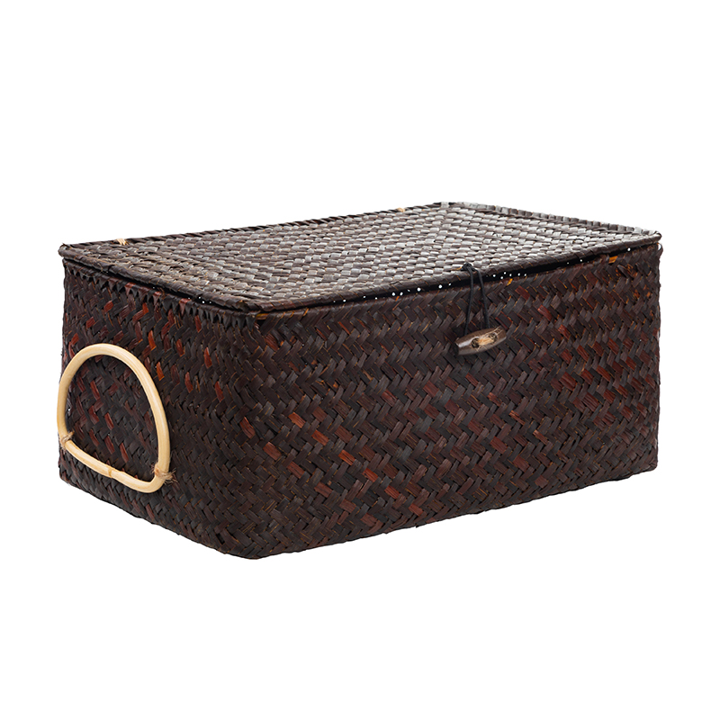 Wicker Basket Natural Seagrass Storage Basket with Lid Handwoven Storage Box Rattan Sundaries Organizer Multipurpose Container: Coffee / 28X18X12CM