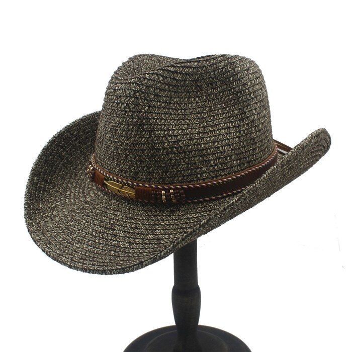 Sommer strå kvinner menn hul western cowboyhatt med skinn: Kaffe