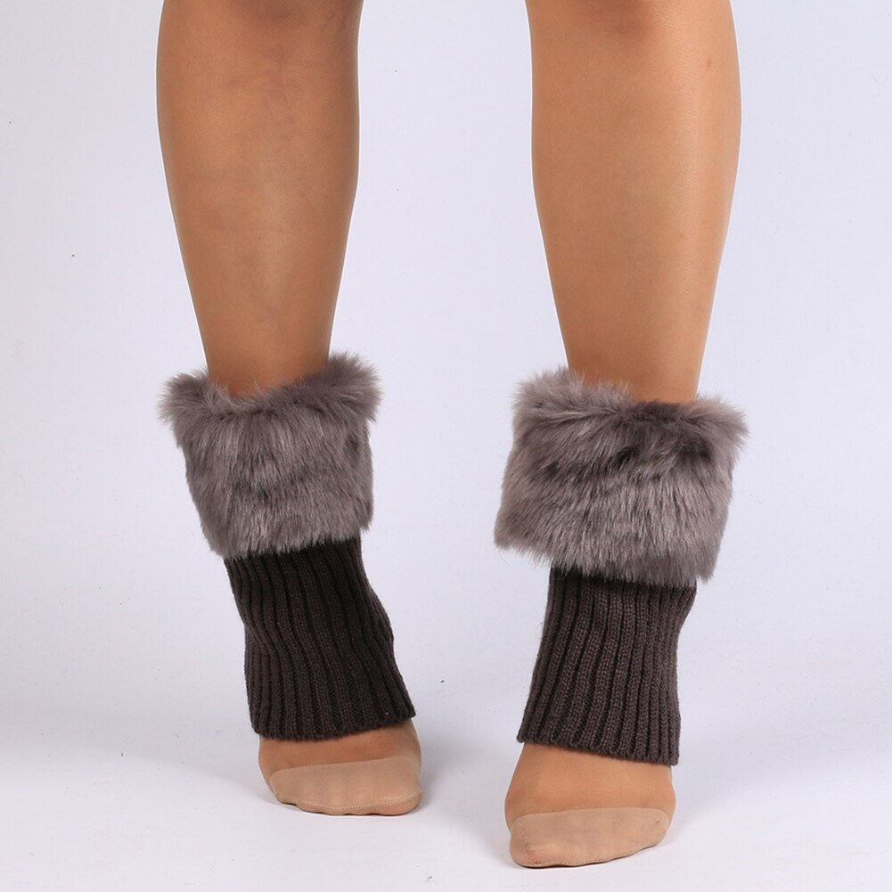 Winter Women Solid Color Faux Fur Cuff Crochet Knit Boots Sock Short Leg Warmers