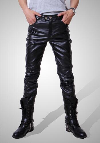 Hip Hop Mens Leather Pants Faux Leather Pu Material 3 Colors Motorcycle Skinny Faux Leather Casual Pants: Black / L
