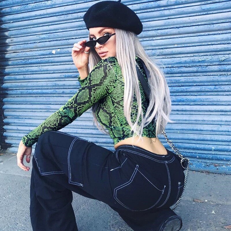 Pull transparent à mailles avec manches longues et col haut pour femme, t-shirt vert décontracté à motif de serpent imprimé