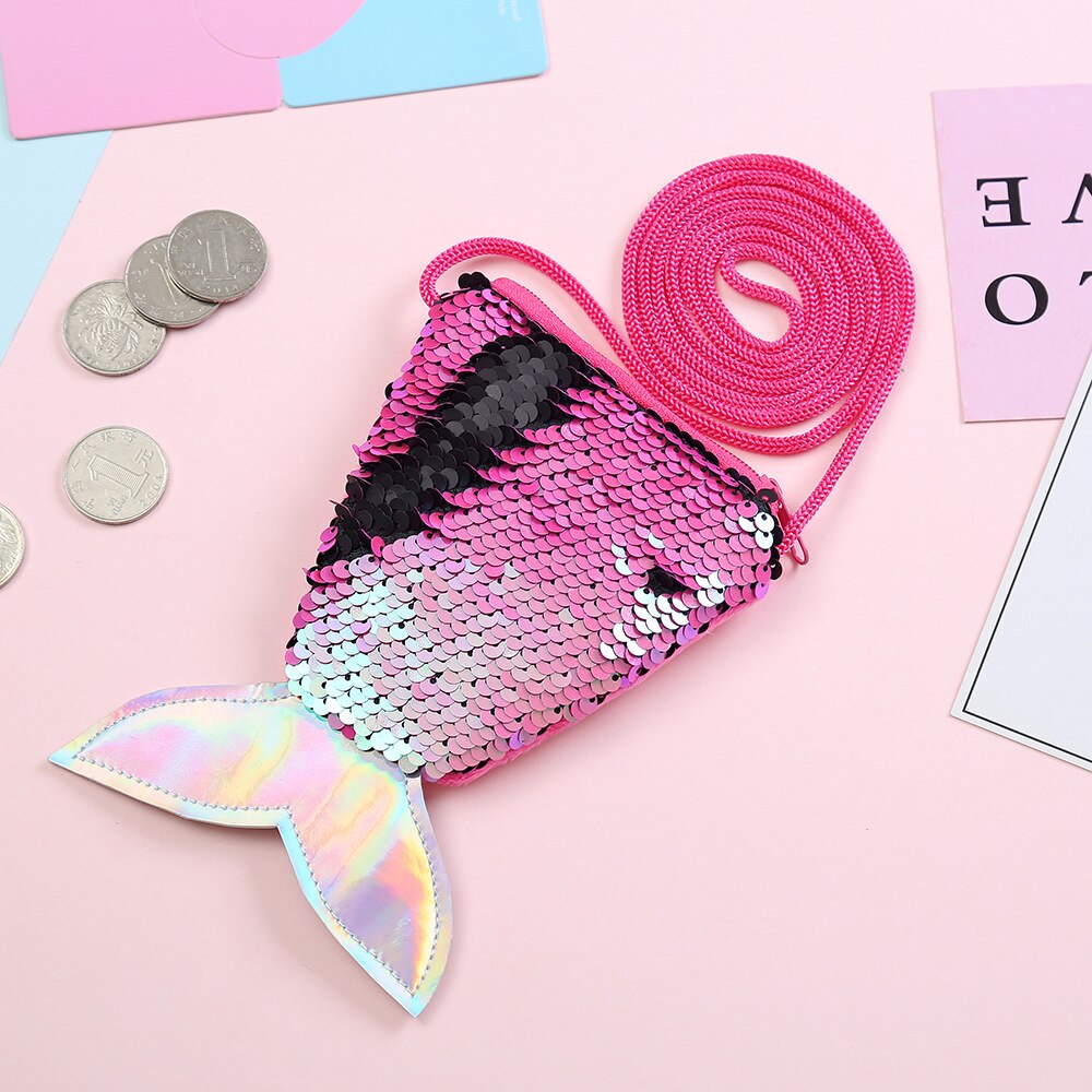 Baby Girls Colorful Sequins Mermaid Tail Bag PU Leather Princess Zipper Purse Crossbody Coin Bag for Children: Hot Pink