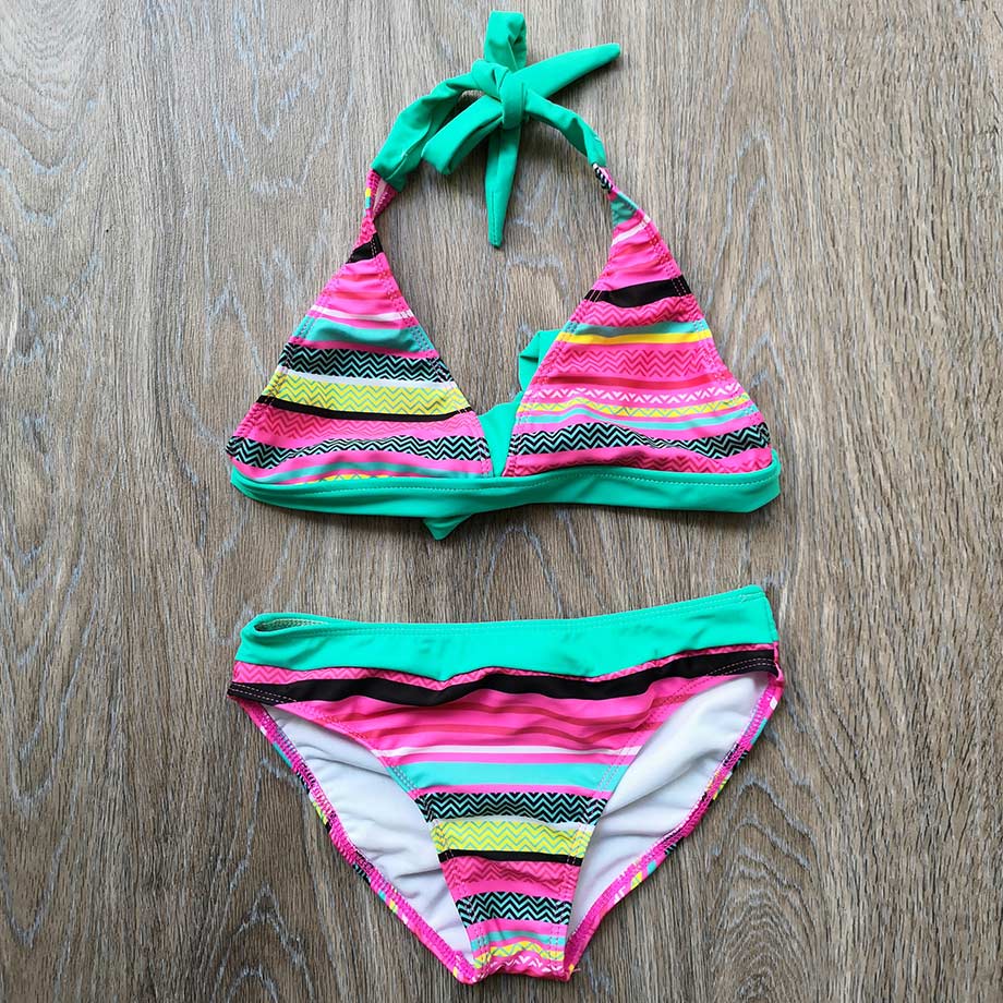 6-16 Years Striped Teenager Girl Bikini Set Two Piece Children Swimwear Kids Swimsuit Halter Top Big Girl Bathing Suit Swim Wear