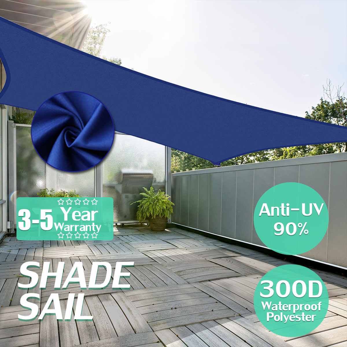 Waterproof 300D Royal Blue Square Rectangle Shade Sail Garden Terrace Canopy Swimming Sun Shade Camping Hiking Yard Sail Awnin