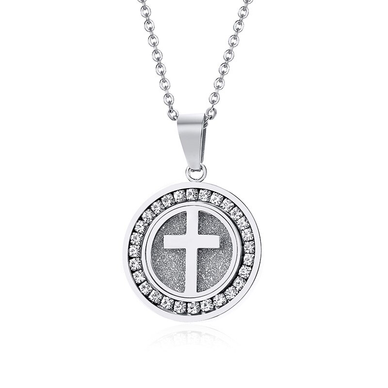 EyeYoYo Hip hop Zircon Cross Round Necklace Men Shine Party Pendant Necklace 316L Stainless Steel Trendy Jewelry: Silver / With 50cm Chain