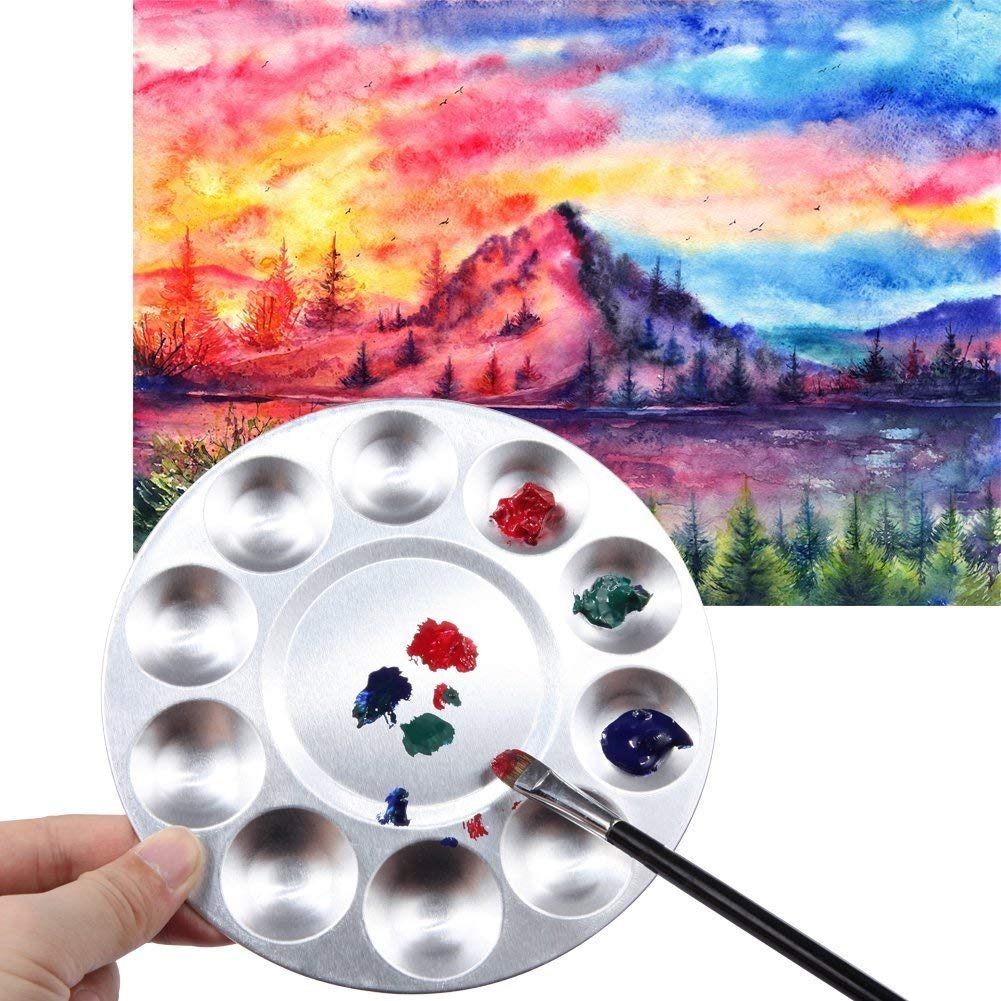 Metal 10 Well Round Artist Watercolours Paint Mixing Palette Tray