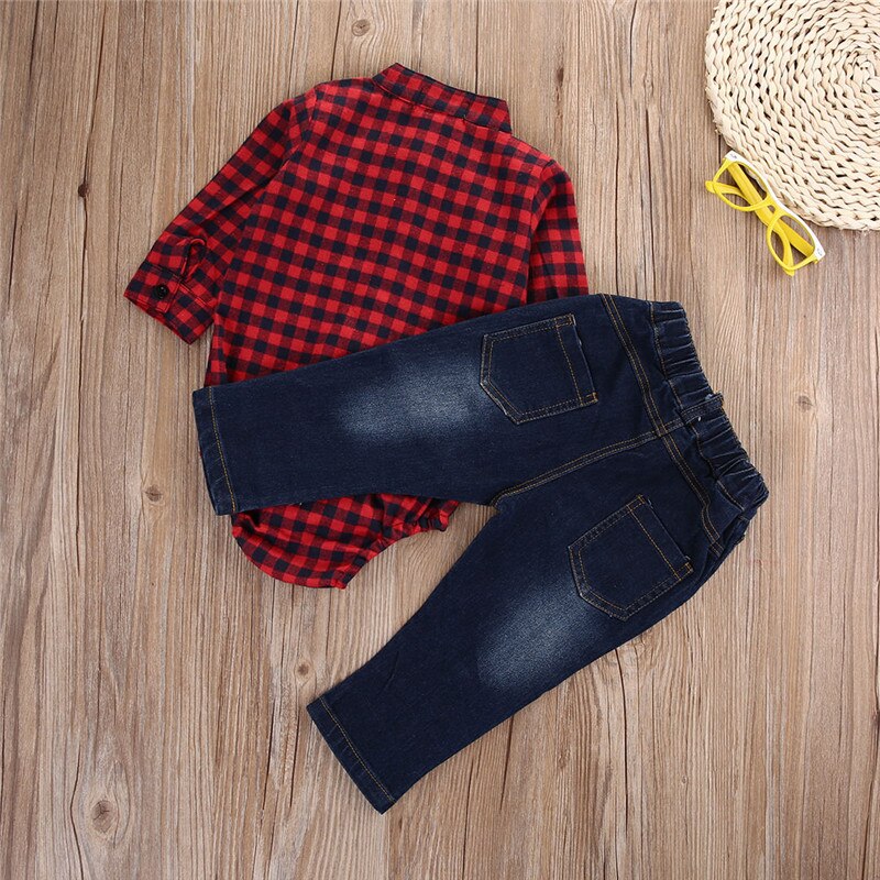 CANIS-Conjunto de ropa para niños recién nacidos, mono escocés, Tops, pantalones vaqueros, pantalones mallas conjuntos, traje Formal
