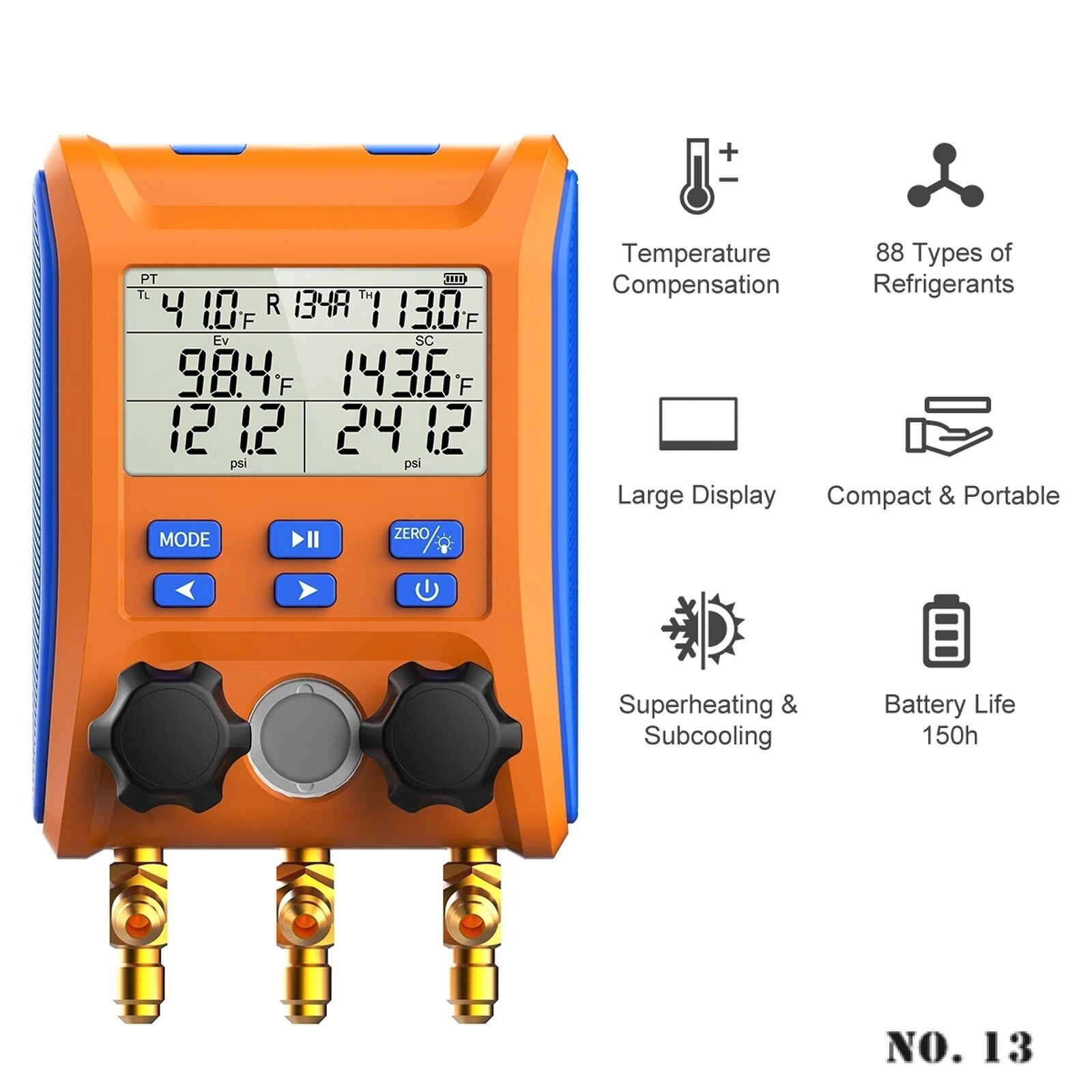 Digital HVAC Manifold Gauge 2-Way Valve with Temperature Clamps Support 88 Kinds of Refrigerant Saturation Temperature Query