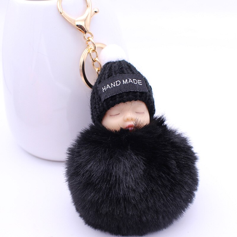 ISINYEE Leuke Slapen Babypop Sleutelhangers Voor Vrouwen Bag Speelgoed Sleutelhanger 8 cm Pluizige Pom pom Faux Bont Sleutelhanger Trinket Sieraden