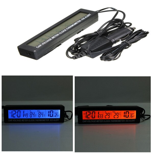 Monitor cigarettuttag 12v/24v 3 in1 bil fordon digital lcd klocka in/ut bil termometer batteri voltmeter spänningsmätare