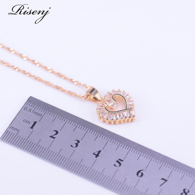 Risenj Heart Square Top Zircon 18k Gold Costume Jewelry Set For Women Earrings Necklace Ring Set Bridal Jewelry