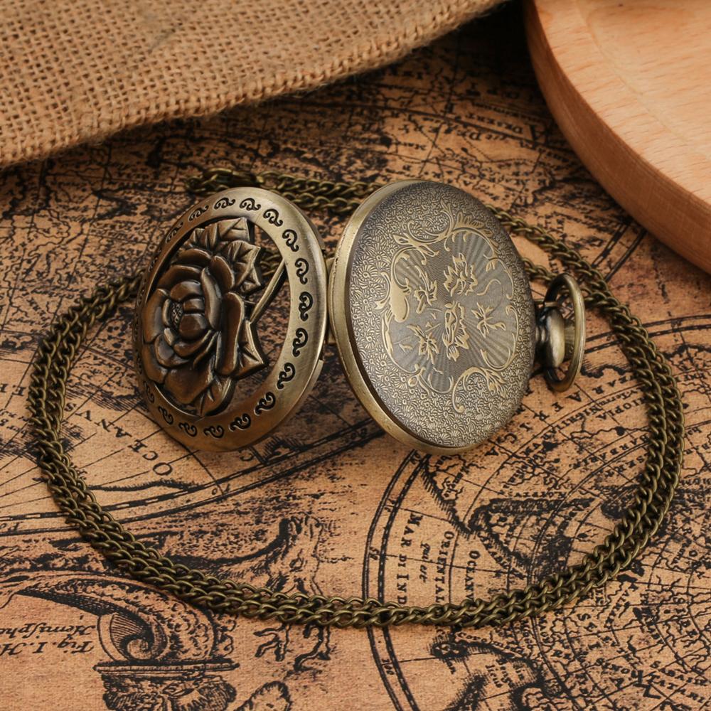Reloj de bolsillo grabado Vintage de cuarzo rosa, exquisito collar hueco de flor completa, cadena, accesorio para mujer, reloj de bronce para mujer,