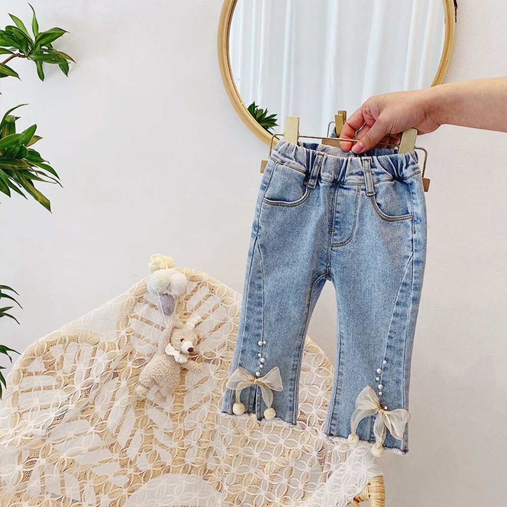Fashion Girls Kids Princess Jeans Pants 2021 Spring Autumn Long Children Baby Bow in rilievo pantaloni larghi in Denim S12013