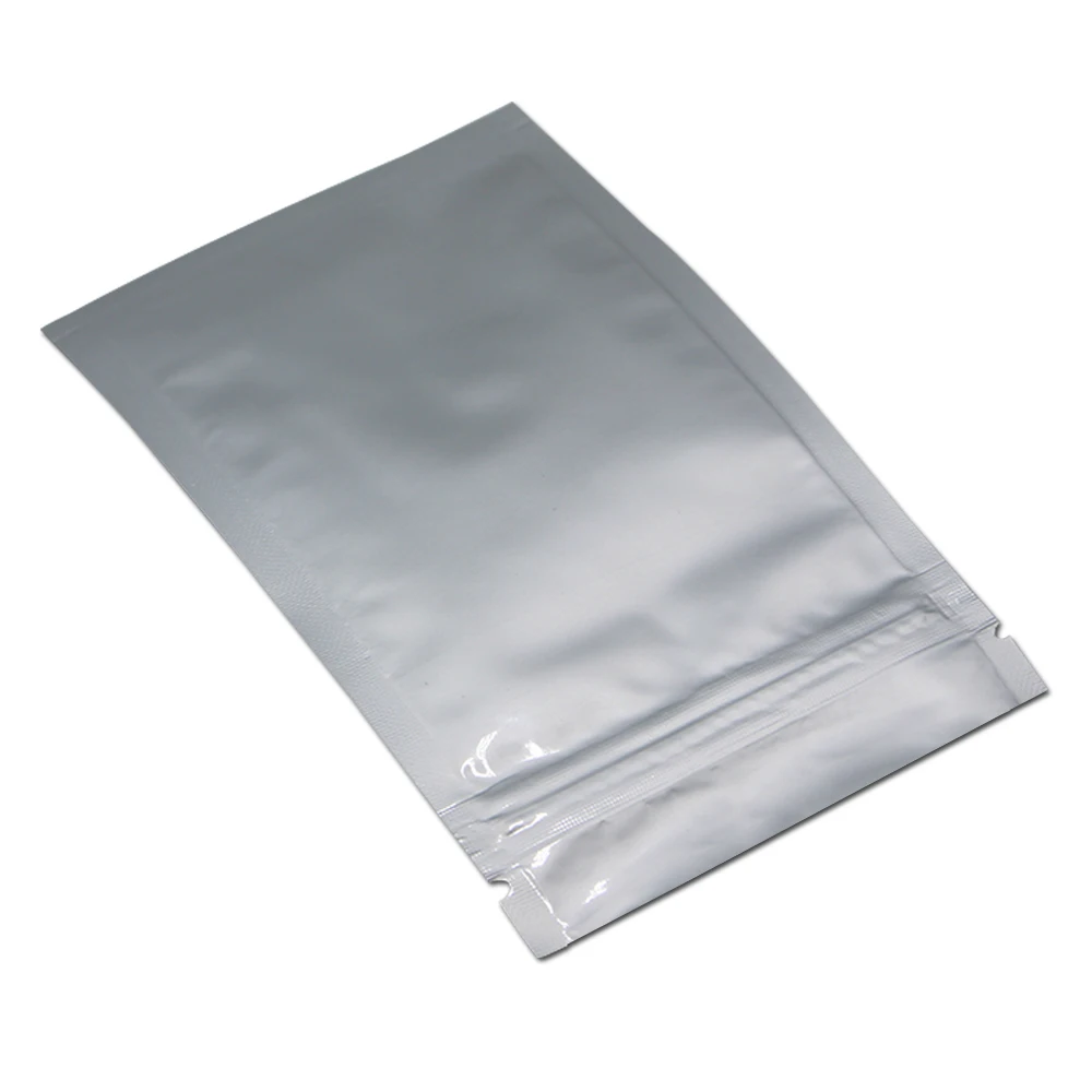 100Pcs Silver Pure Aluminum Foil Zip Lock Packaging Bag Grocery Snack Retail Mylar Zipper Tear Notch Storage Packing Pouches