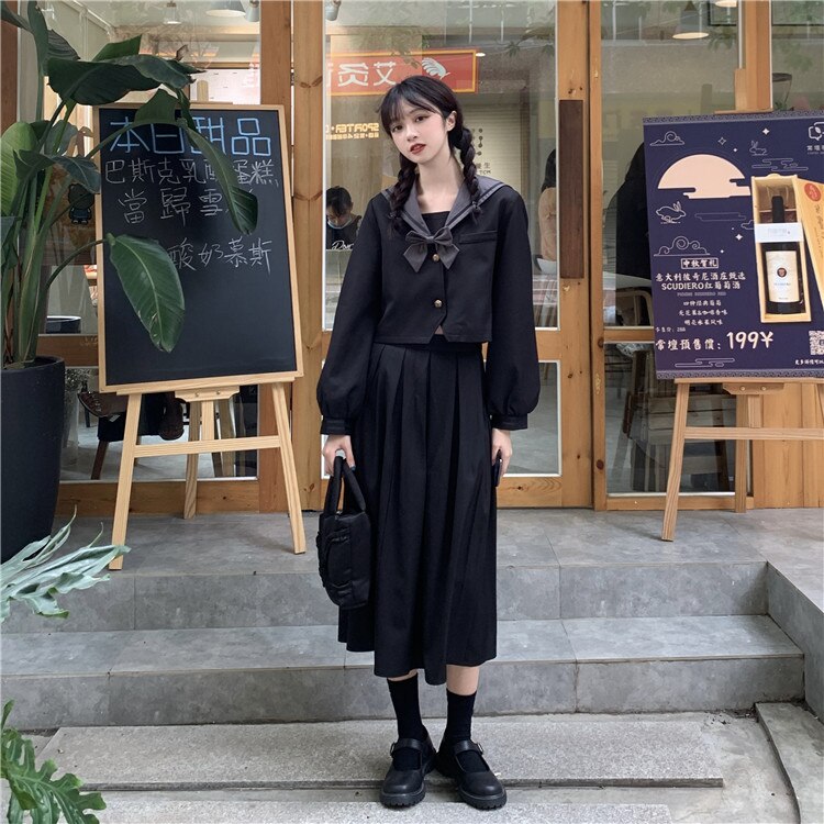2pcs Women Autumn Winter Sailor JK Dress Suit Set Japan Preppy Style High School Uniform Navy Collar Bow Shirt Pleated Skirt