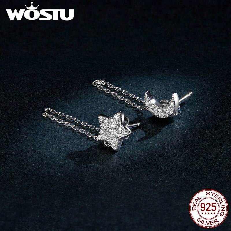 WOSTU Ohrringe 925 Sterling Silber Mond Stern Lange Quaste Kette Ohrringe für Frauen Hochzeit Schmuck CTE385