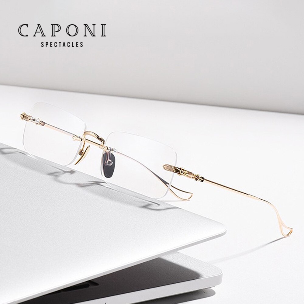 CAPONI Rimless Men Glasses Frame Titanium Business Reading Eyeglasses Support Prescription Computer Optical Clear Glasses J8099