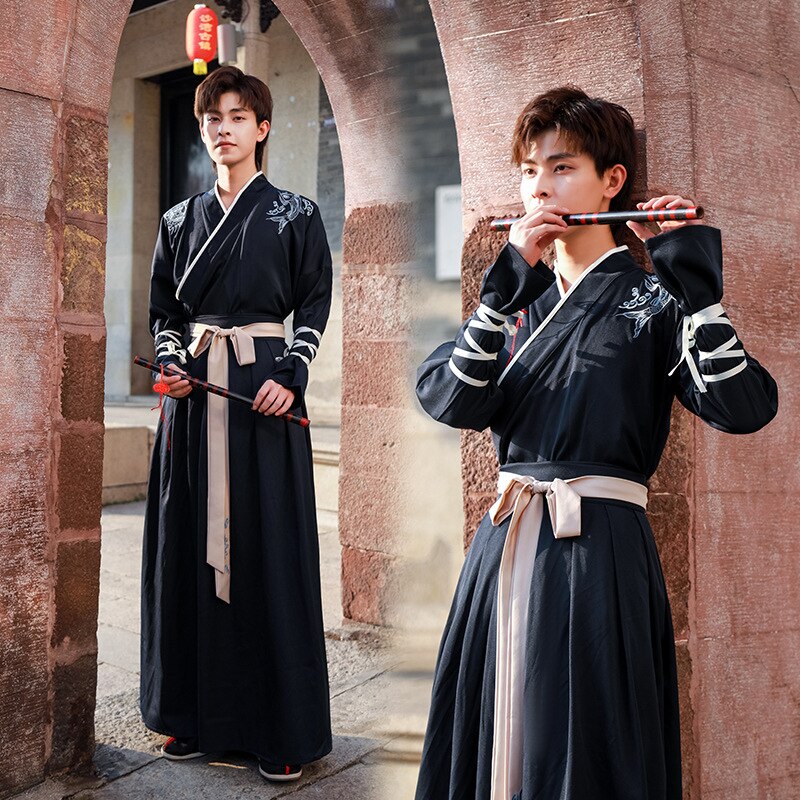 Mannen tang pak oude hanfu volkskleding zwarte geborduurde drakenjas lange jurk mannelijke festival rave outfit dnv 12442