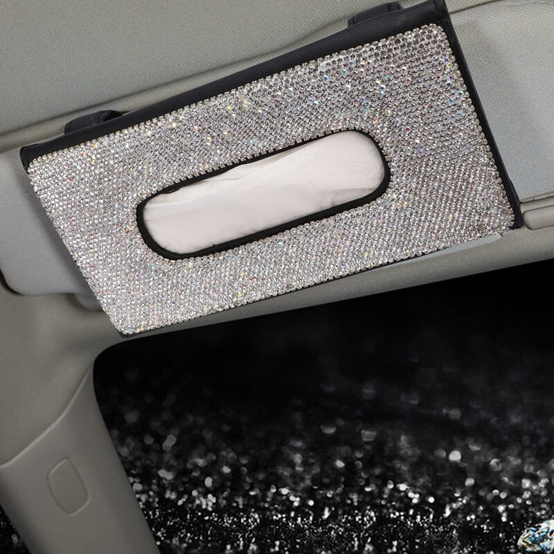 Solskærm bilvævskasse med krystal diamant læder auto serviet væv hængende taskeholder til biltilbehør