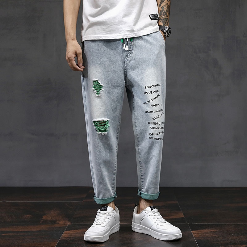 Pantalones vaqueros rectos rasgados para hombre, pantalones largos de , ropa de calle, pantalones bombachos ajustados, mallas recortadas verdes para hombre, otoño