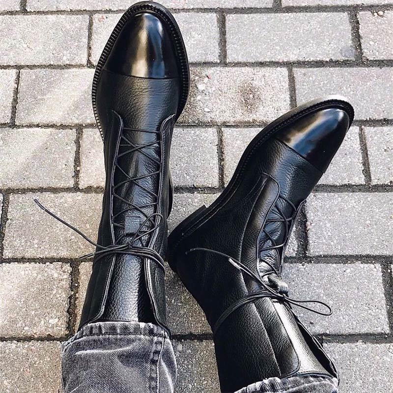 Femmes Vintage mi-mollet bottes femmes à lacets dames confort femme PU cuir bottes plate-forme décontracté femme chaussures automne