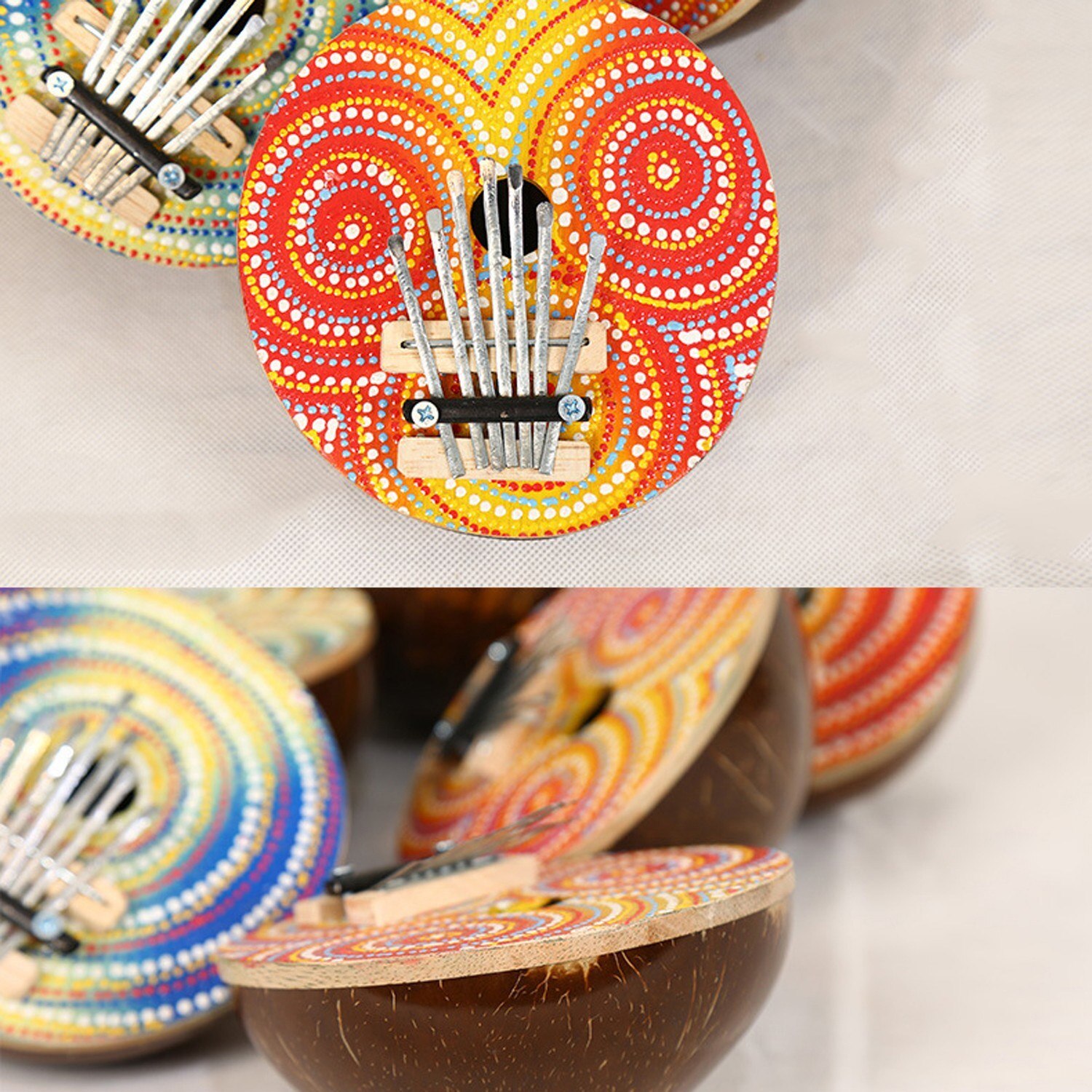 Funda de coco de 7 teclas, teclado pintado, Kalimba, Pulgar, Piano, madera, instrumento Musical portátil