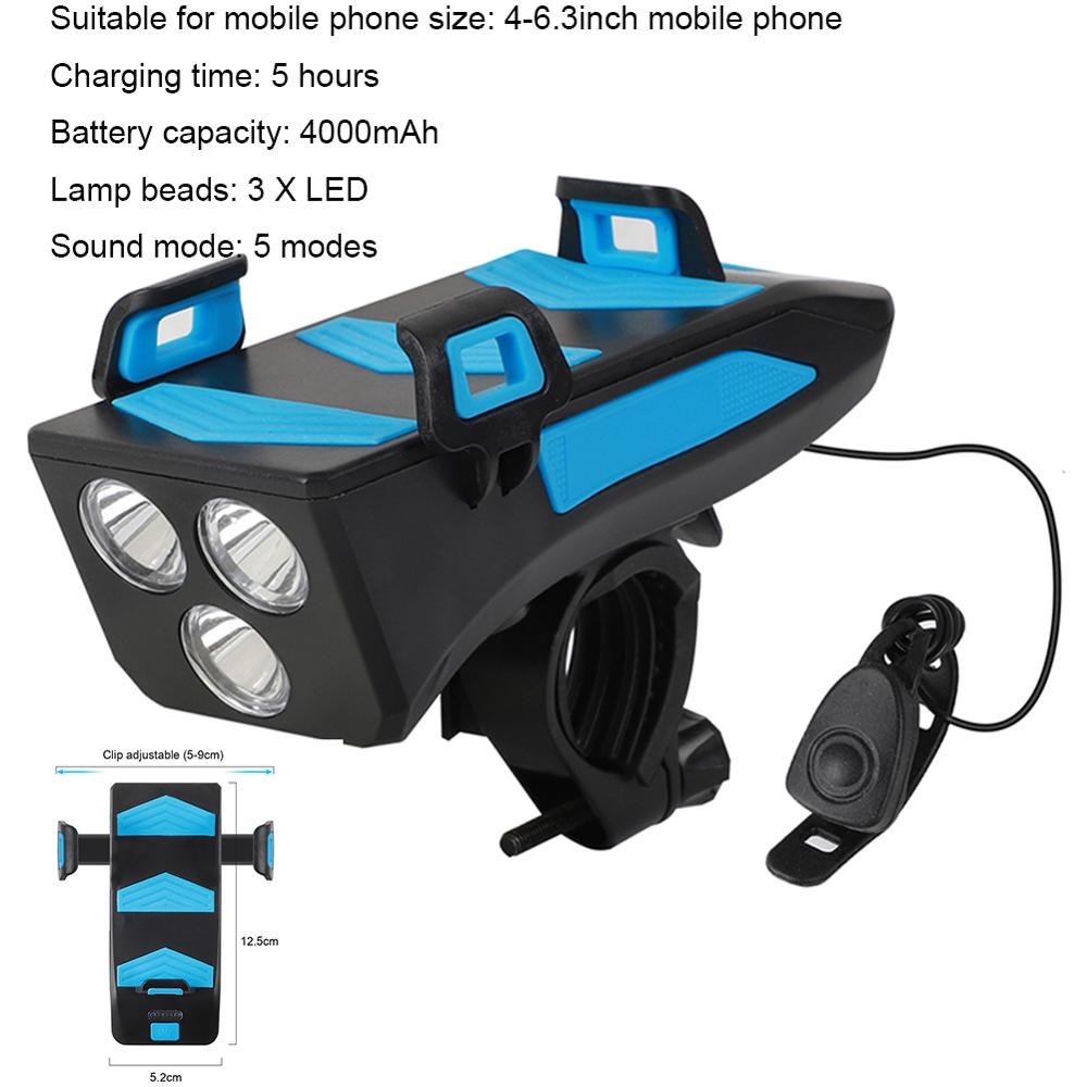 Multifunctionele 4 In 1 Fiets Licht 400 Lumen Fiets Zaklamp Fiets Hoorn Telefoon Houder Power Bank Fiets Front Light: Blue 4000mAh