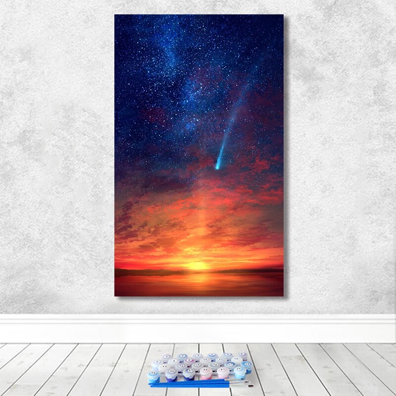 Schilderen op nummer kunst handgetekende illustratie landschap schemering lucht roze wolken huis gang decoratief schilderij: 7548 / 48 x 80cm zonder frame