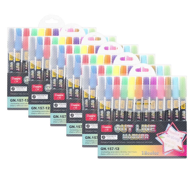 Double Line Outline Pens, 12 Colors Self-Outline Metallic Markers Glitter Writing Drawing Pens for DIY Art Crafts,: 6 set 12 colors C