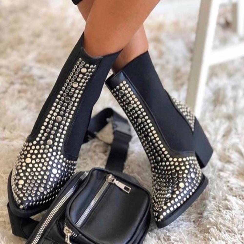 Botines de mujer con remaches cuadrados de estilo británico, botas de decoración estilo vaquero occidental con punta puntiaguda, tachuelas para Otoño e Invierno