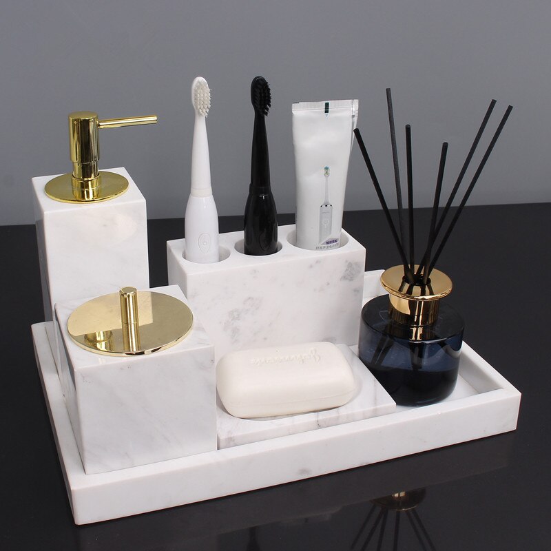 Marmor Badezimmer Zubehör einstellen Seife Spender/Gerichte Zahnbürste Halfter & Gurgeln Tassen Gewebe/Baumwolle Tupfer Kasten Fach Hochzeit