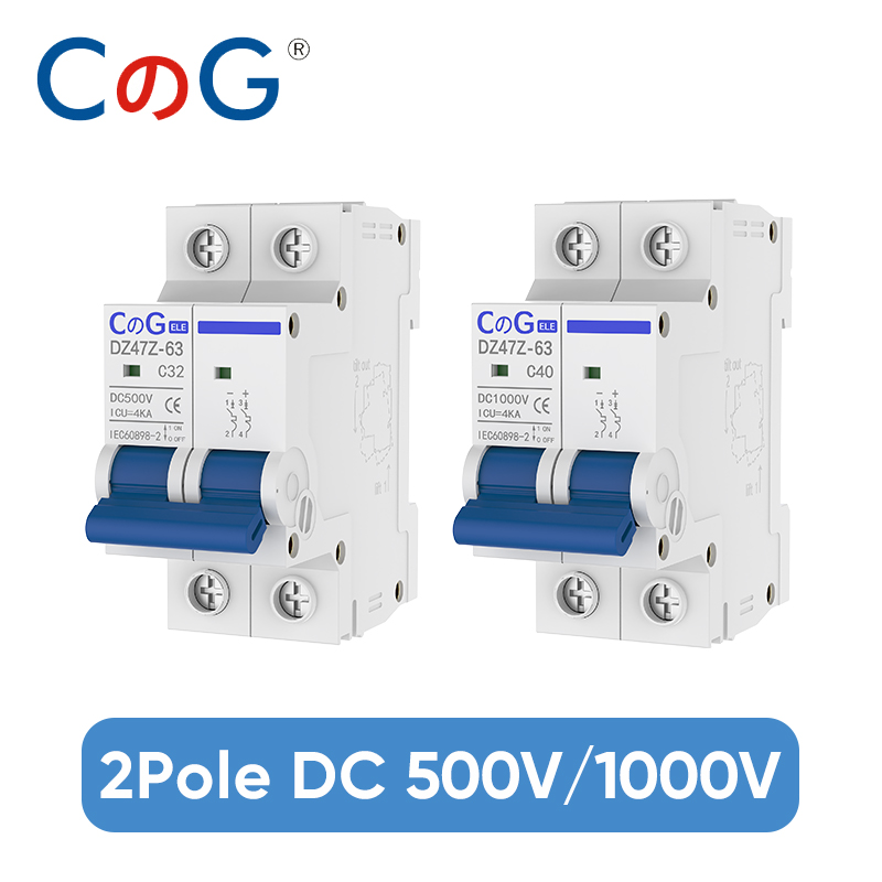 Cg 2p mcb 10a 16a 20a 25a 32a 40 a 50 a 63a effektbryter  dz47z 500v/1000v din-skinnemontert dc-frakoblingsbryter til solcelleanlegg