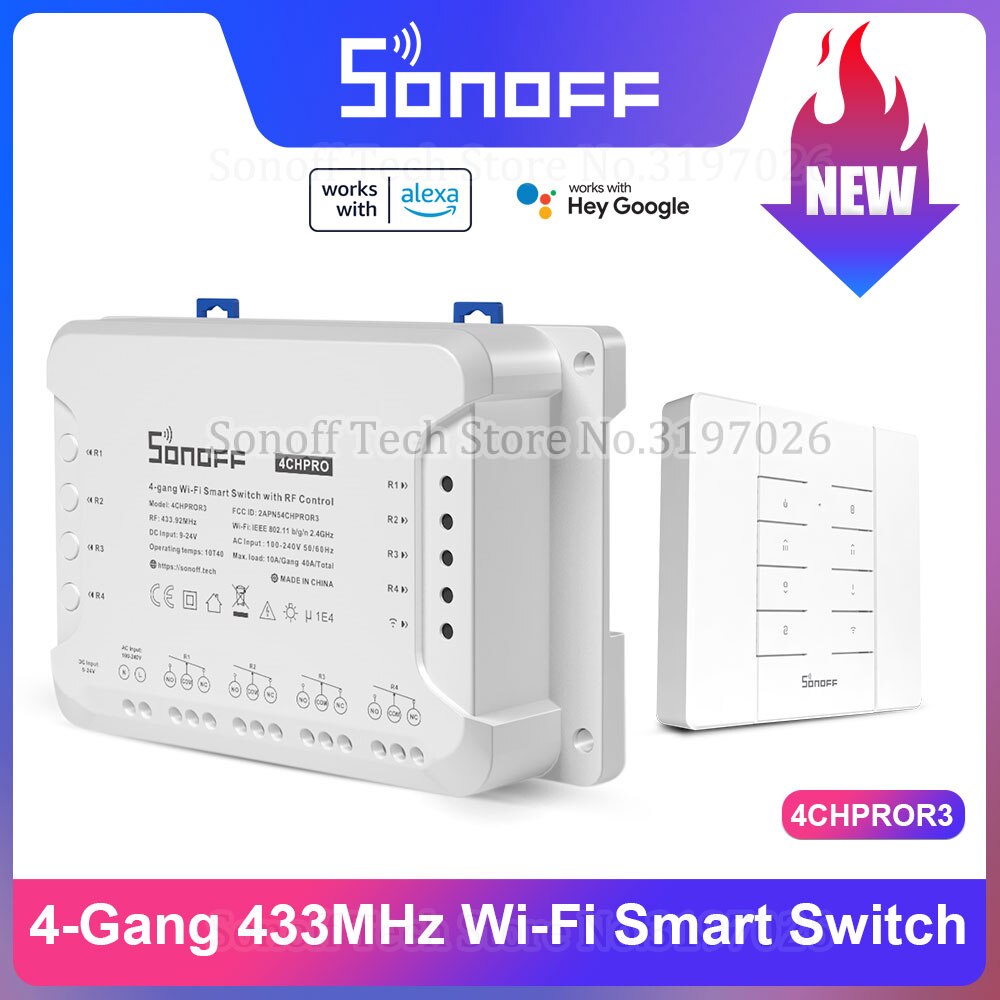 Sonoff 4CH PRO R3 4 Gang 433Mhz RF Smart Switch Interlock Self-Locking Inching Modes Remote Control via eWeLink APP Alexa IFTTT