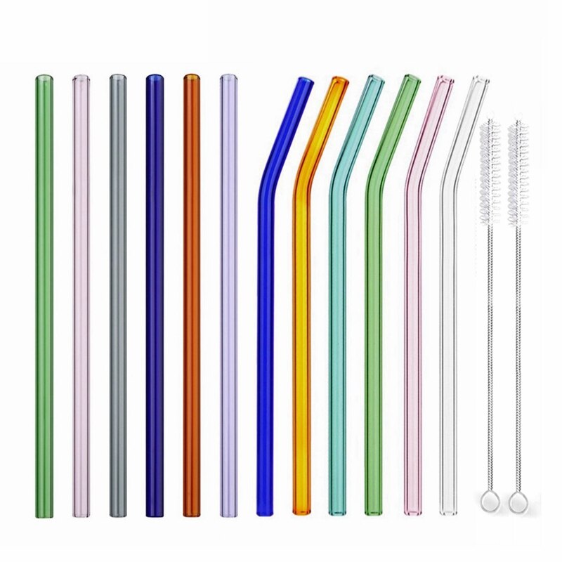 Lote de Pajitas Ecológicas Reutilizables, Pajas 8,5&quot; x 8mm para Beber de Vidrio Multicolor, para Bebidas Saludables, Cócteles, Granizados, Batidos
