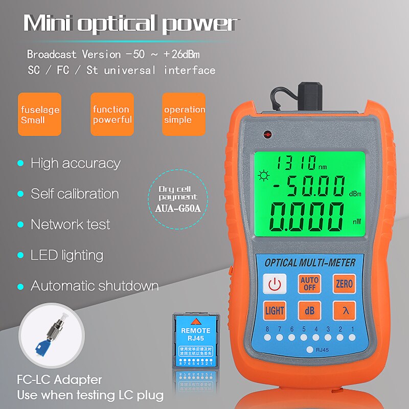 FTTH Mini medidor de potencia óptica AUA-G70A/50A OPM, probador de Cable de fibra óptica-70dBm ~ + 10dBm SC/FC/ST conector de interfaz Universal: AUA-G50A with FC-LC