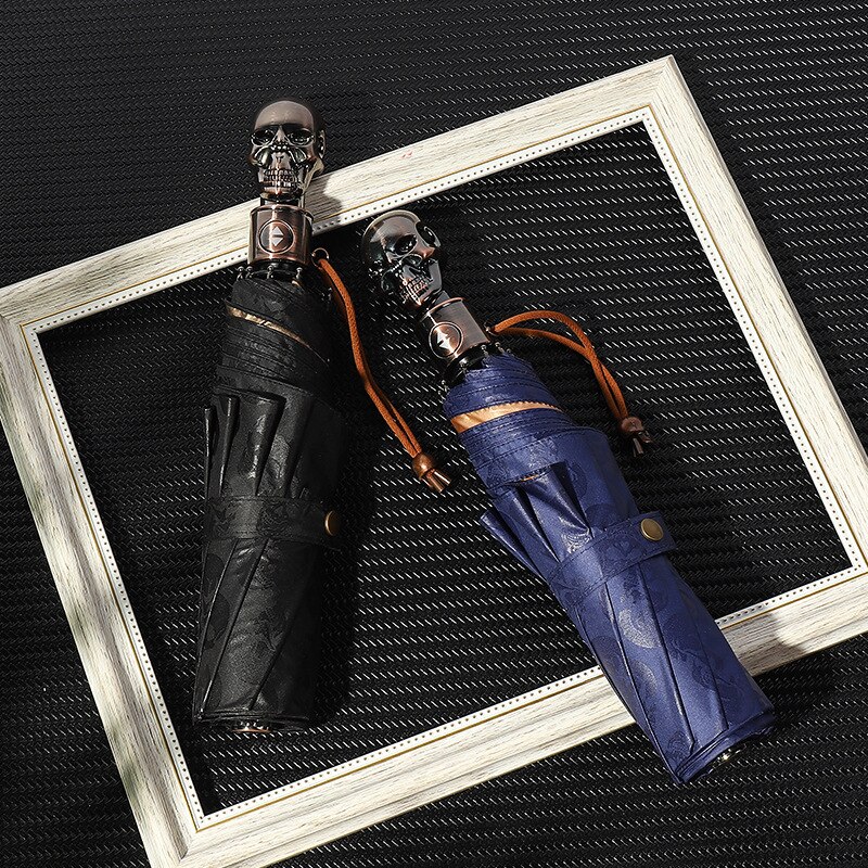 Skeleton head automatic 3 fold rain umbrella waterproof anti ultraviolet parasol wind resistant umbrella