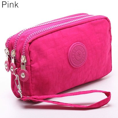 Coin Purse Women Small Wallet Washer Wrinkle Fabric Phone Purse Three Zippers Portable Make Up bag: pink bag