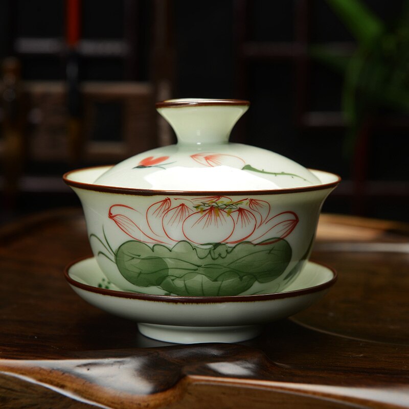 [storhet] håndmalt celadon gaiwan kung fu gaiwan porselen gaiwan jingdezhen 150ml gaiwan tesett kung fu tekanne