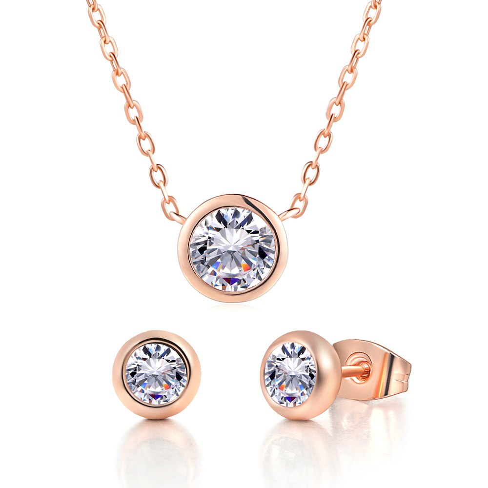 Ensemble de bijoux classique pour femmes classique Style Simple cristal AAA + CZ collier boucles d'oreilles ensemble de bijoux pour femmes fille S370: Rose Gold Clear