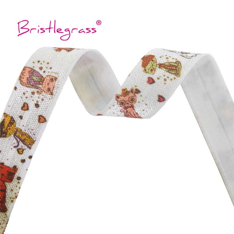 Bristlegrass 5 yard 5/8 " 15mm cartoon kat print foe vouwbare elastische spandex satijnen band haarelastiek hoofdband tutu jurk naaien afwerking
