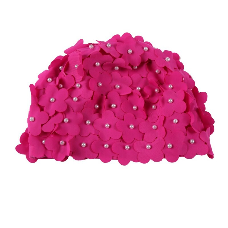 Handgemaakte zwemsportmuts dames parel gestikte bloemen bloemen elastische ademende strandmuts badmuts sportkleding lang haar: Rozenrood