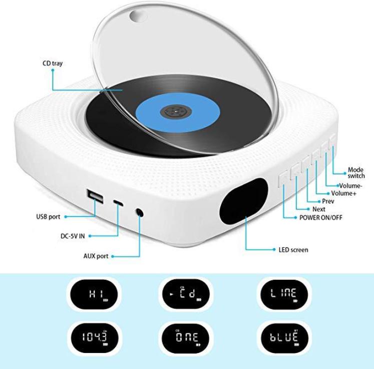 Bærbar cd-afspiller vægmonterbar bluetooth hjemme-fm-radio indbyggede hifi-højttalere med fjernbetjening understøtter  mp3 wma vcd dvd