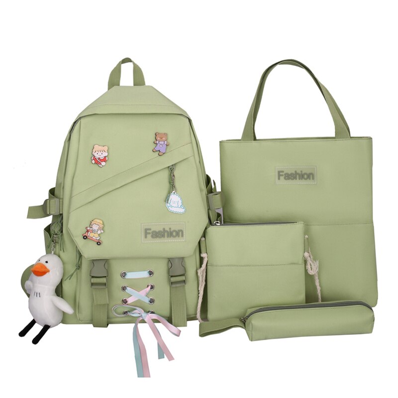 4-Delige Set Meisje Rugzak Voor School Tassen Tiener Leuke Lint Mode Middelbare School Student Rugzak Vrouwen nylon Groen