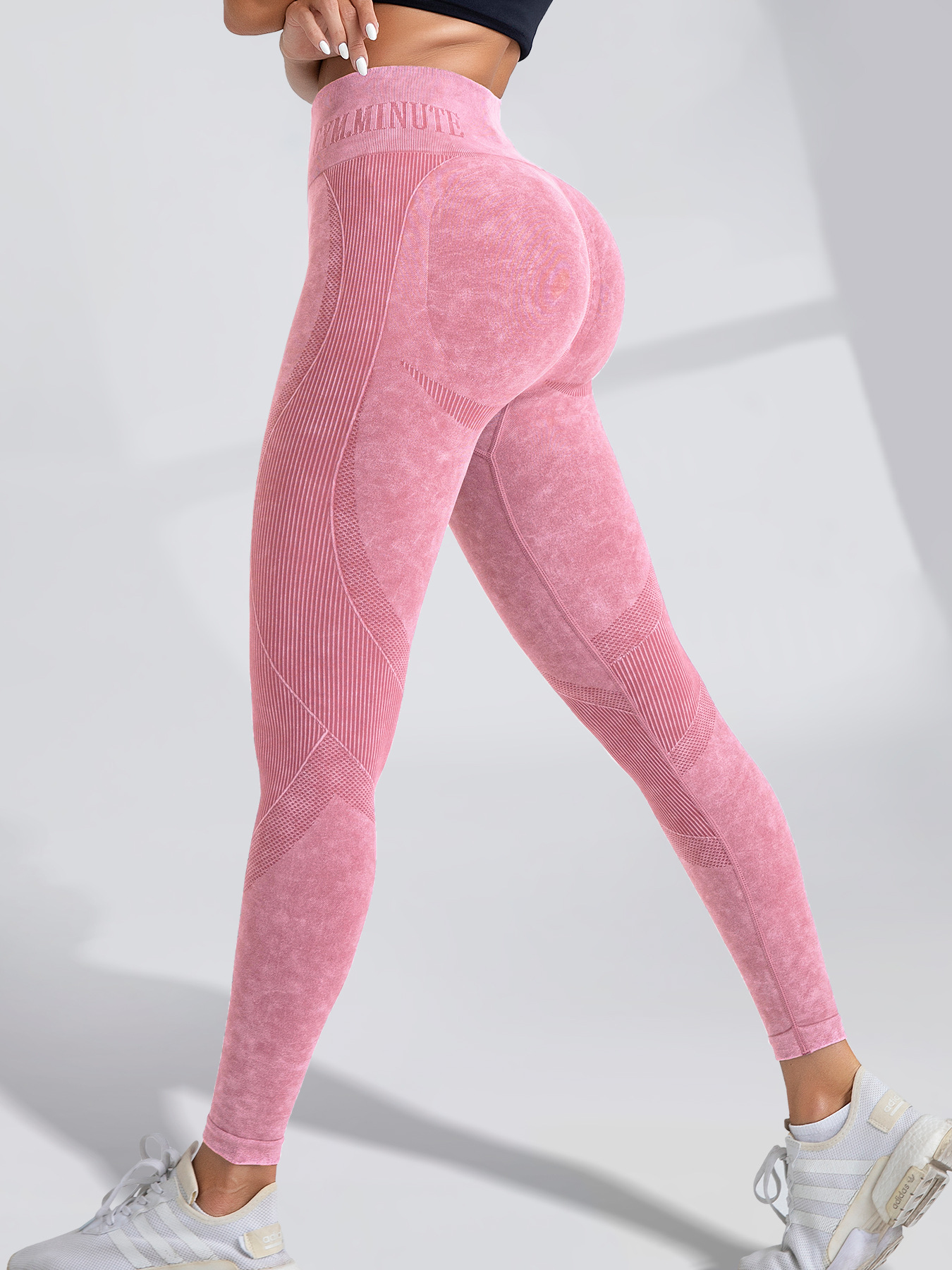 Women Seamless Gym High Waist Yoga Pants Hip Lifting Outdoor Sports Tight Waist Letter Sand Washed Pants Exercise Yoga Leggings: M / Pink
