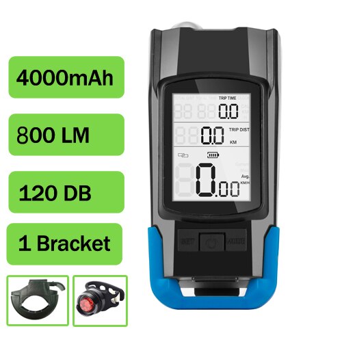 Wireless Bicycle Computer MTB Cycling Bike Odometer Stopwatch Speedometer Integrated 800LM Headlight 120DB Horn Accessories: Blue B