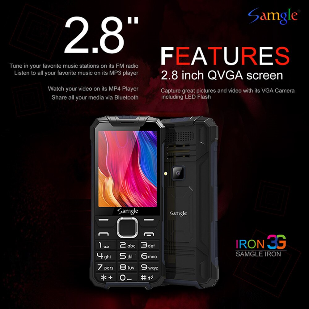 Samgle  f6 iron wcdma 3g 2.8 inch kleurenscherm feature phone snelkeuze whatsapp twitter groot toetsenbord robuuste mobiele telefoon