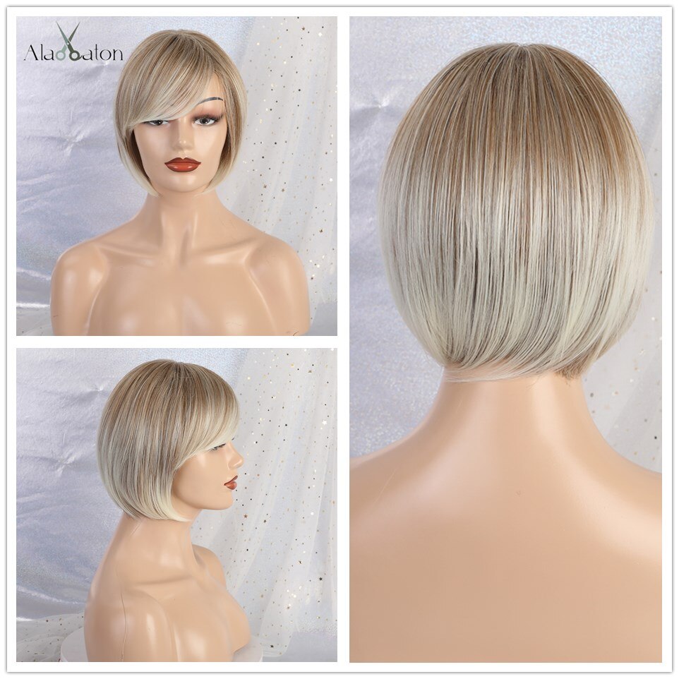 ALAN EATON krótkie falowane syntetyczne peruki mieszane brązowe srebrne włosy peruki z bocznymi grzywkami dla czarnych kobiet afro włókno termoodporne